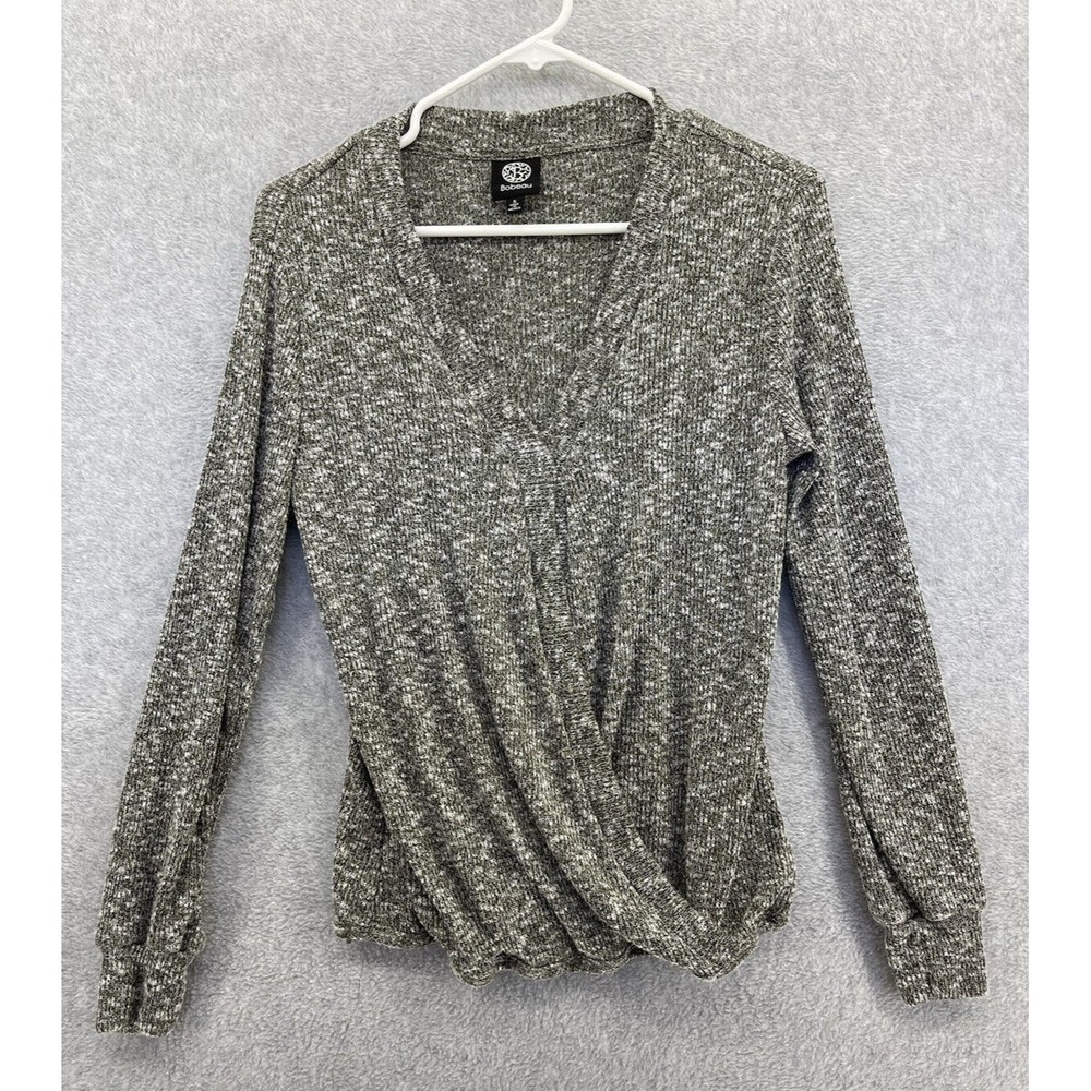 BOBEAU Women's Wrap Blouse Grey Marled Long Sleeve Size Small Thin